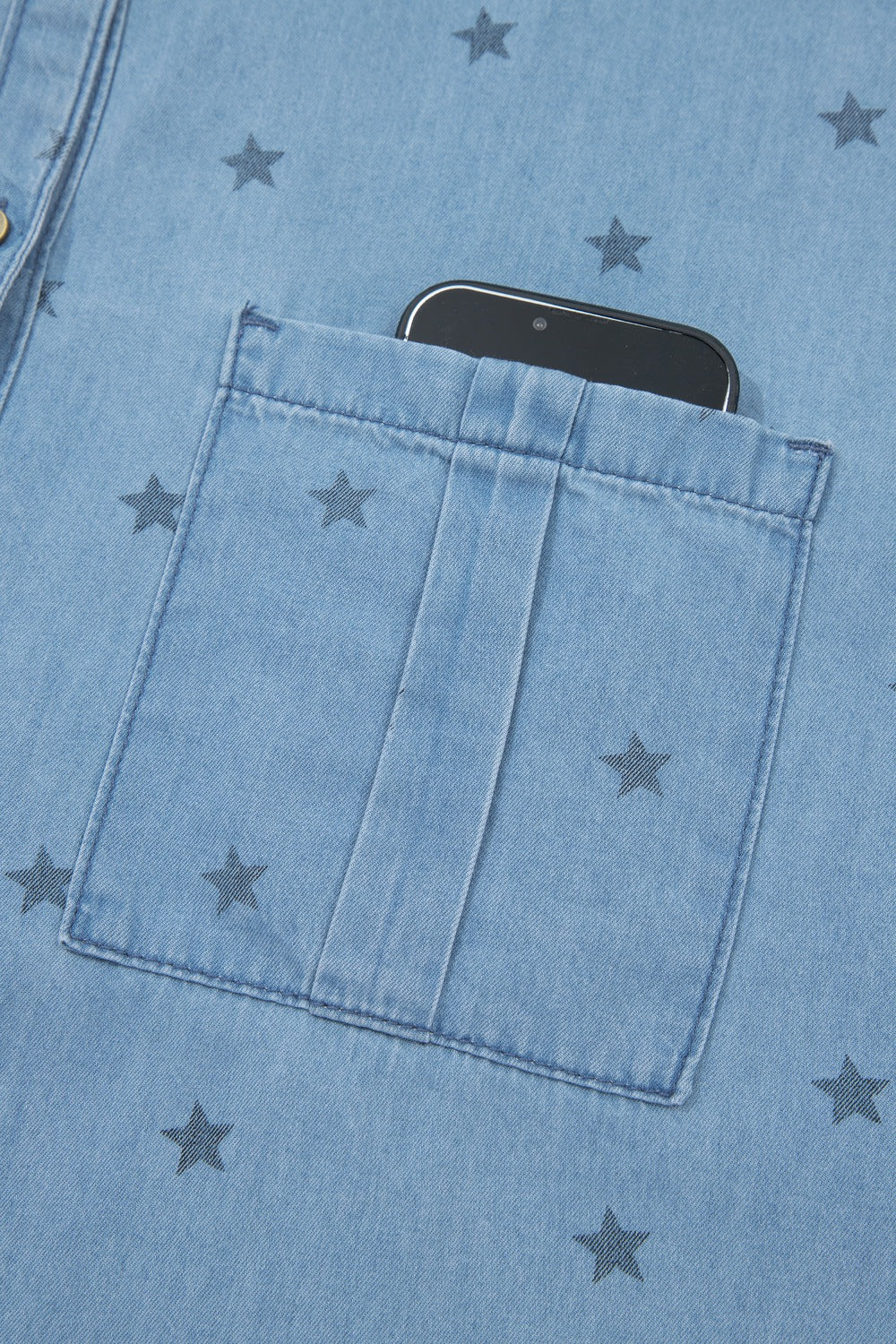 Star print short sleeve denim shirt with chest pockets