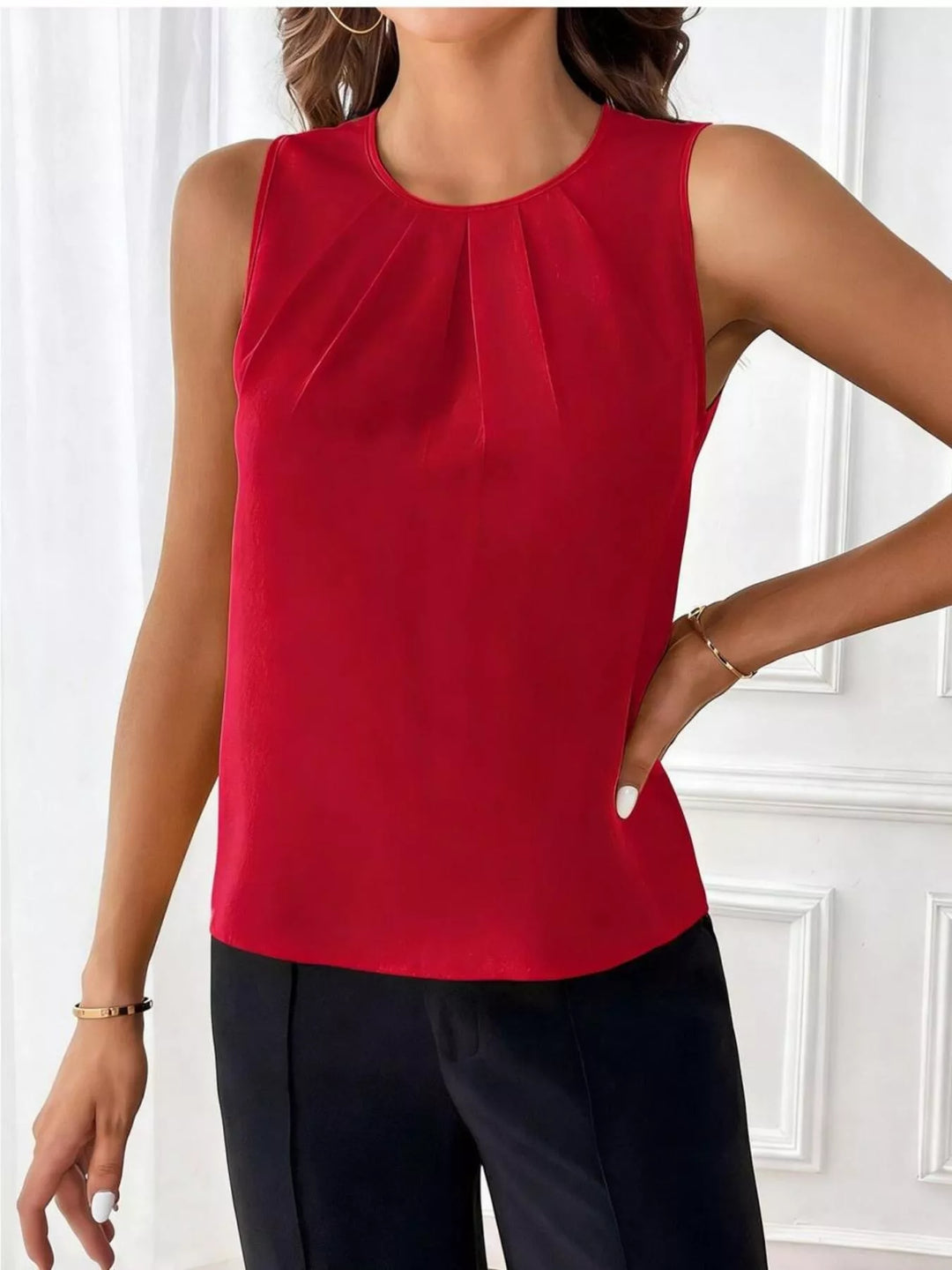 Crew neck tank top with pleated neckline