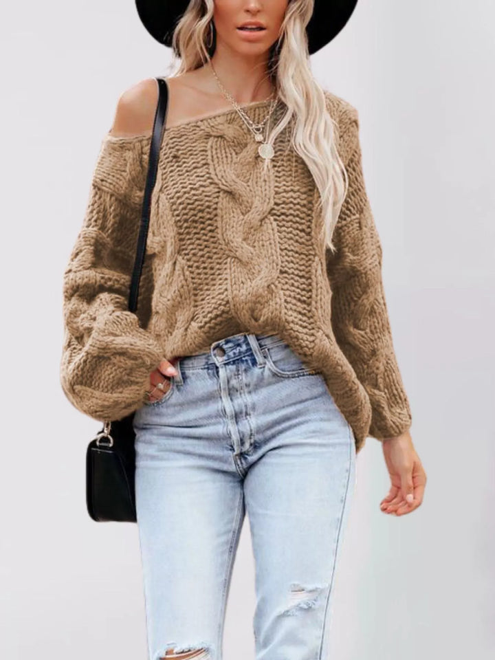 Khaki Oversized chunky cable knit pullover with wide boat neck