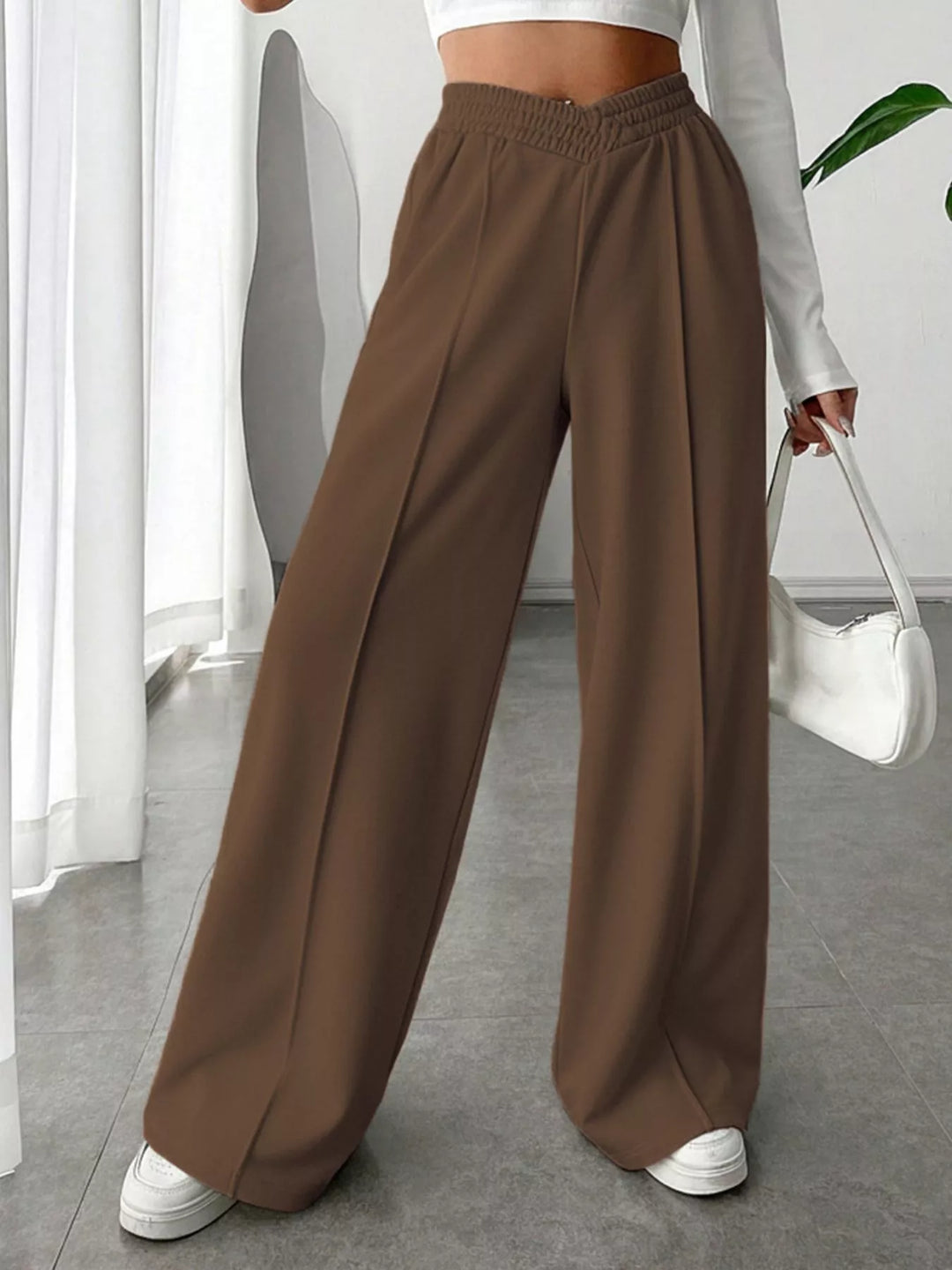 High waist wide leg pull-on pants with V-notch waistband