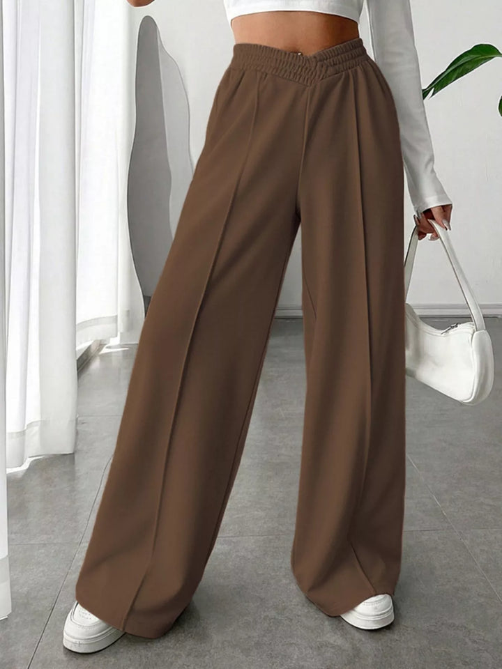 High waist wide leg pull-on pants with V-notch waistband