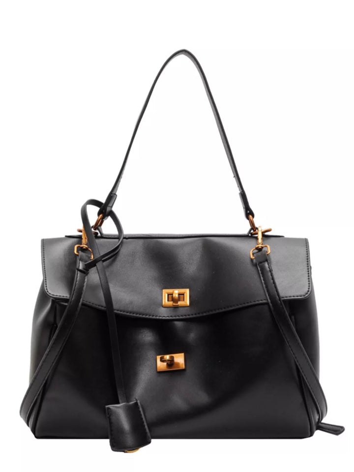 Turn-lock flap satchel bag with detachable shoulder strap