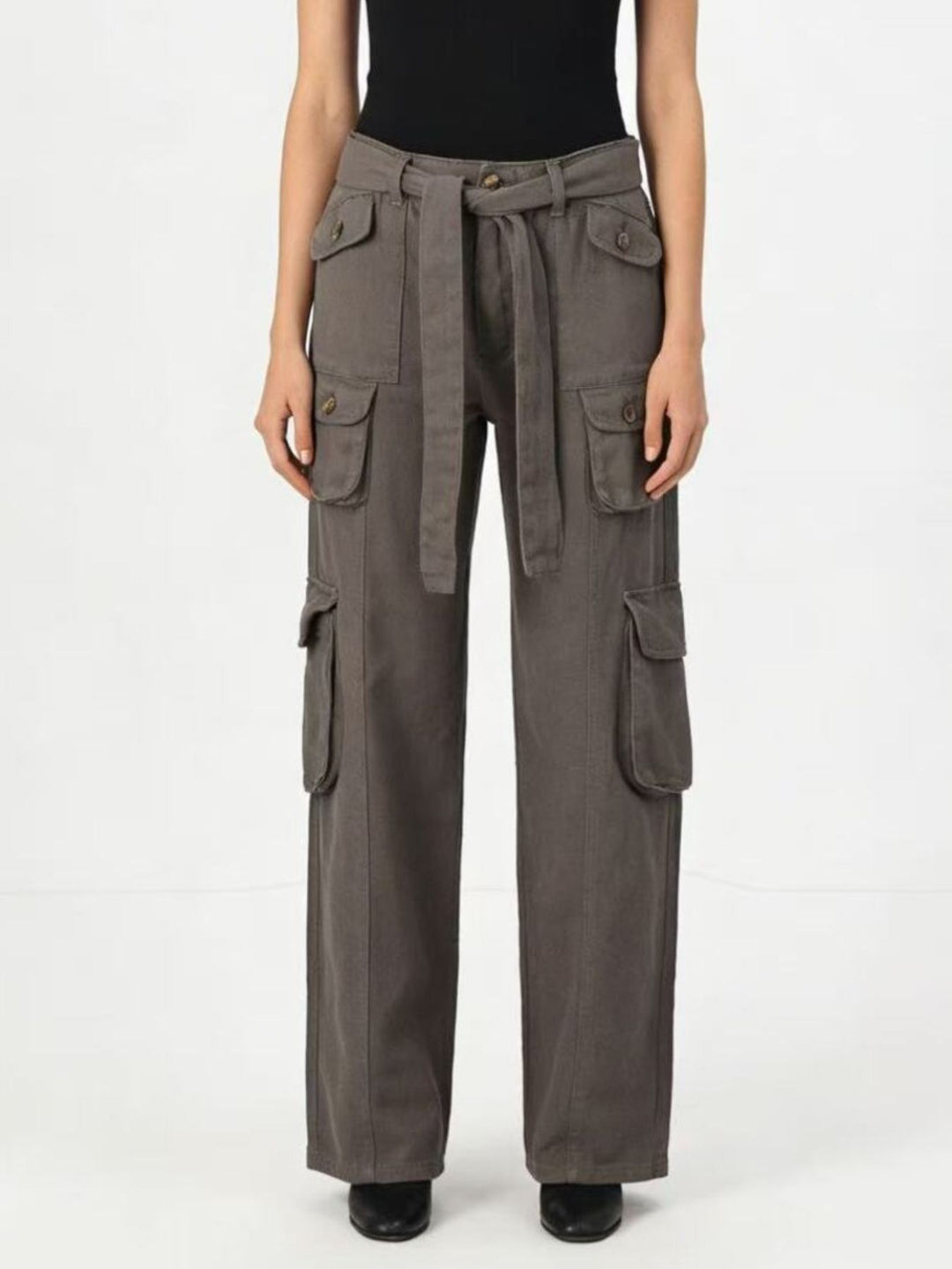 Wide-leg cargo jeans with tie belt and button-flap pockets