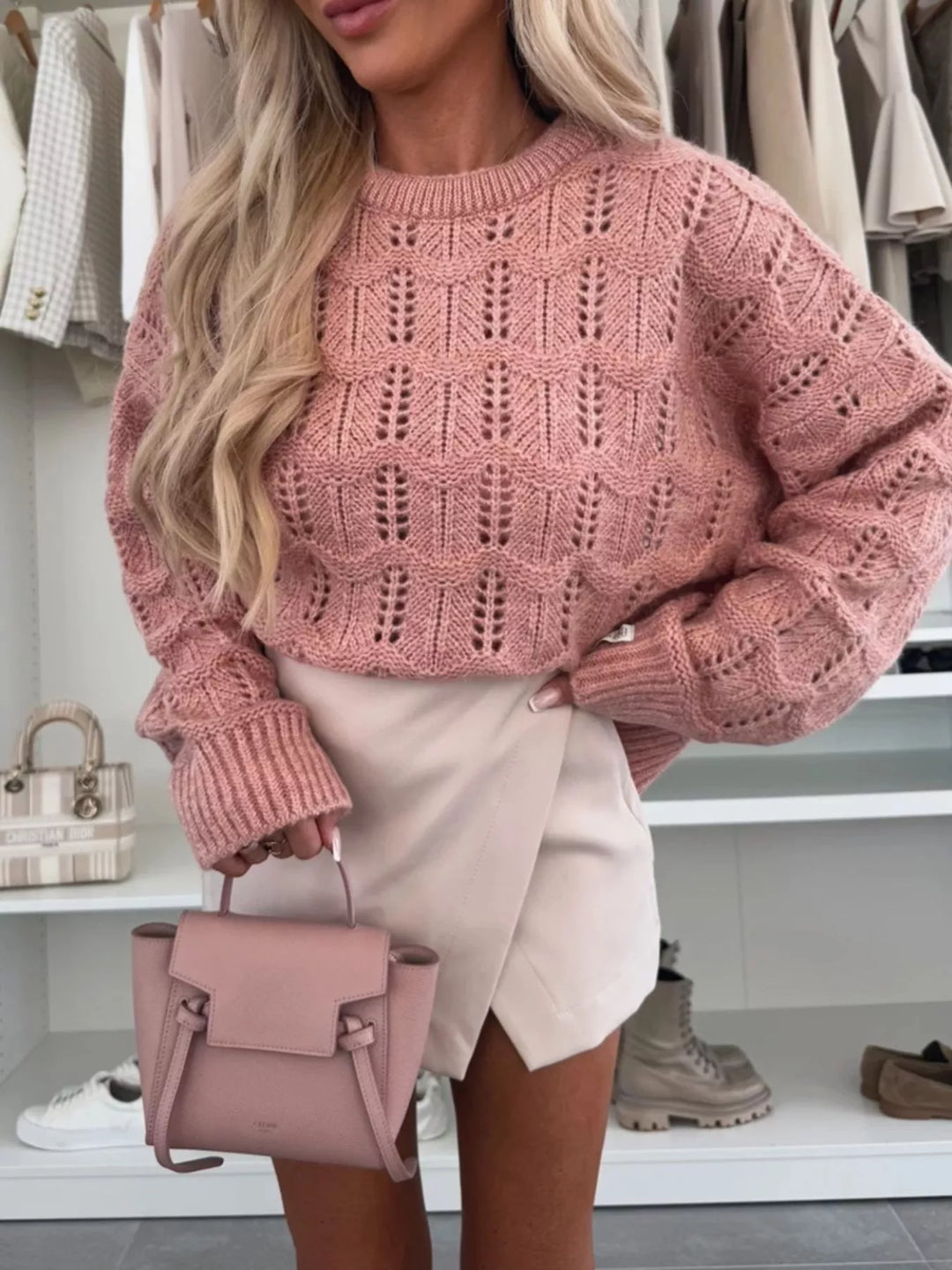 Openwork pointelle knit round neck sweater