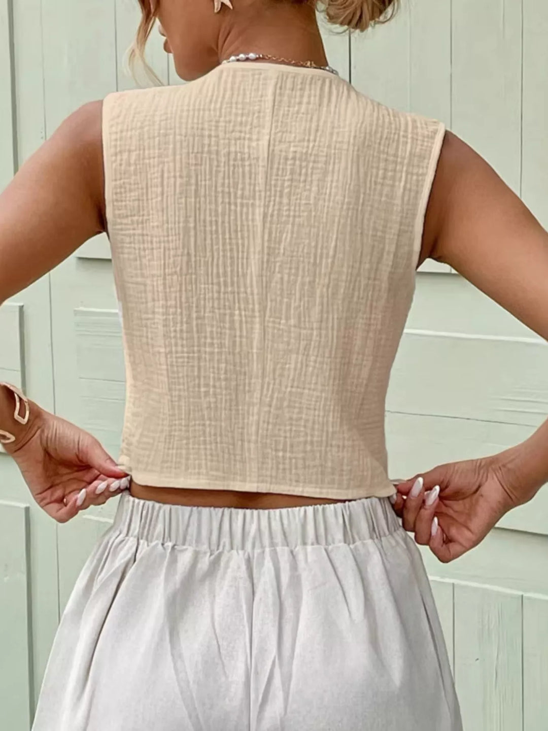 Textured cotton gauze button-front cropped vest