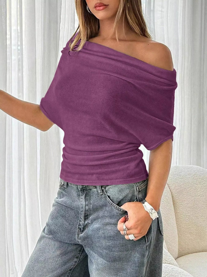 Off-shoulder ruched ribbed knit short-sleeve top