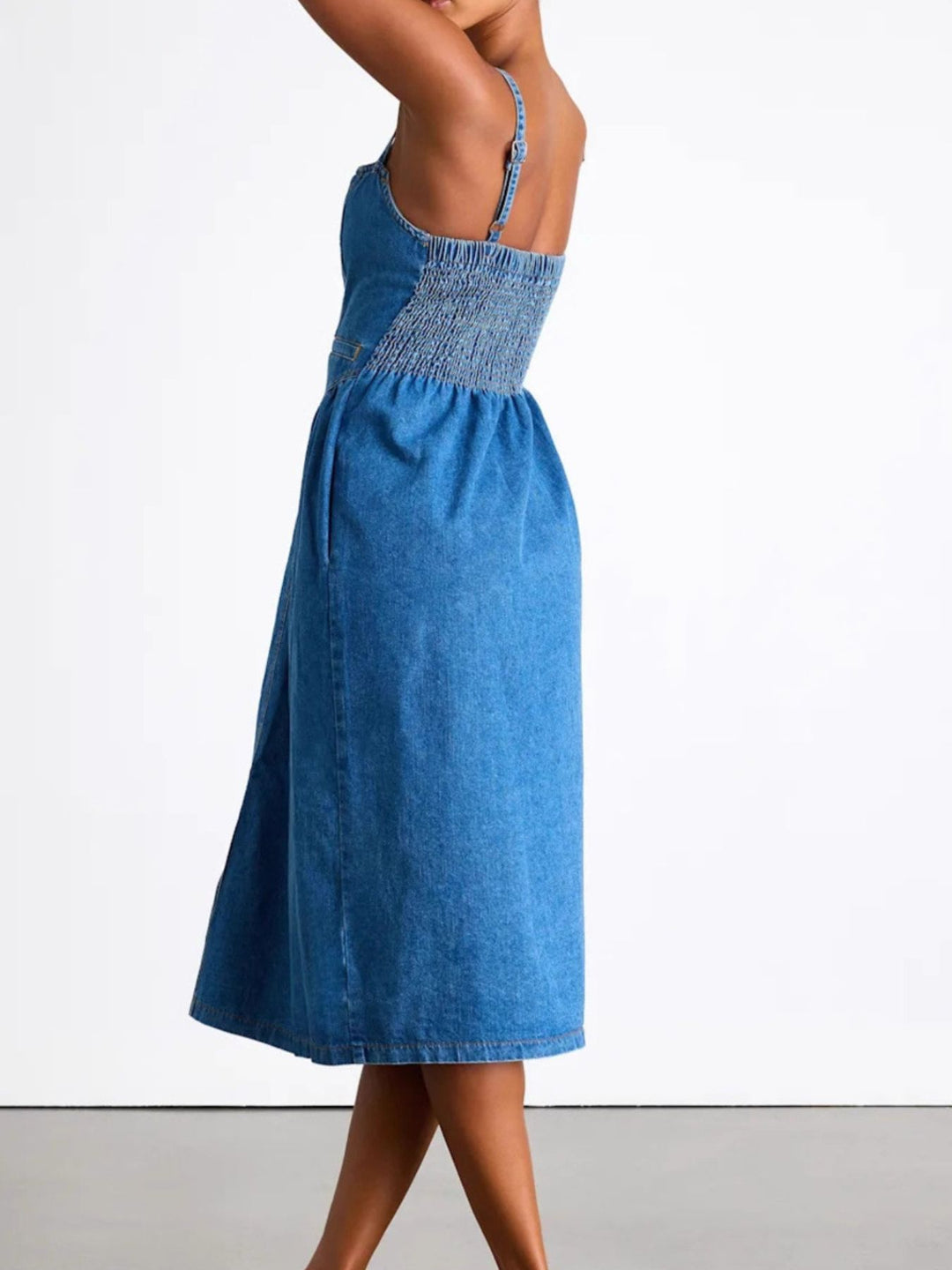 Button-front denim midi dress with sweetheart neckline and pockets