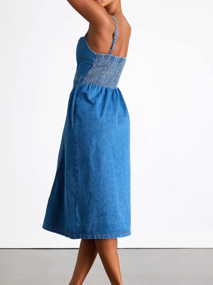 Button-front denim midi dress with sweetheart neckline and pockets