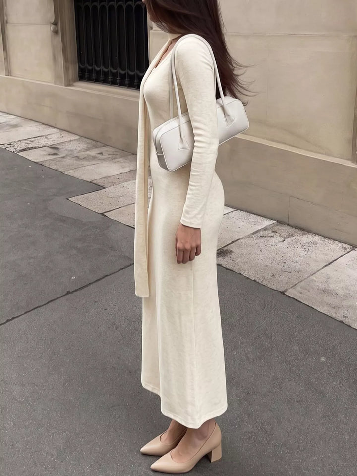 Scoop neck long sleeve knit maxi dress with scarf