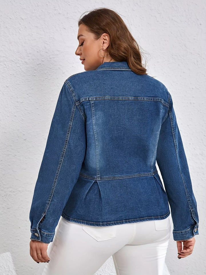 Ruched peplum denim jacket with button-up front