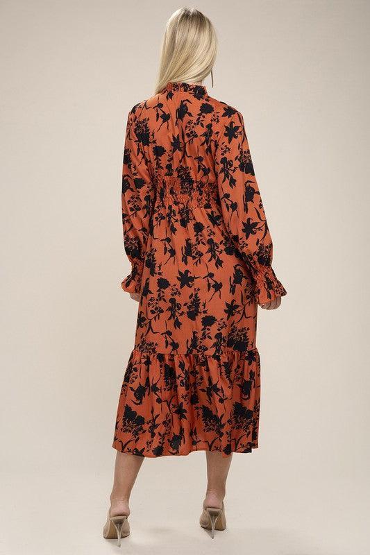Floral Print Bishop Sleeve Shirred Dress - Azoroh