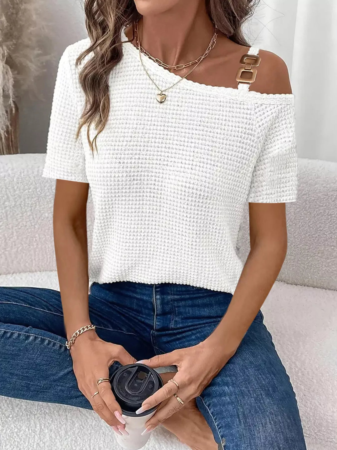 One-shoulder waffle knit top with chain-link strap detail