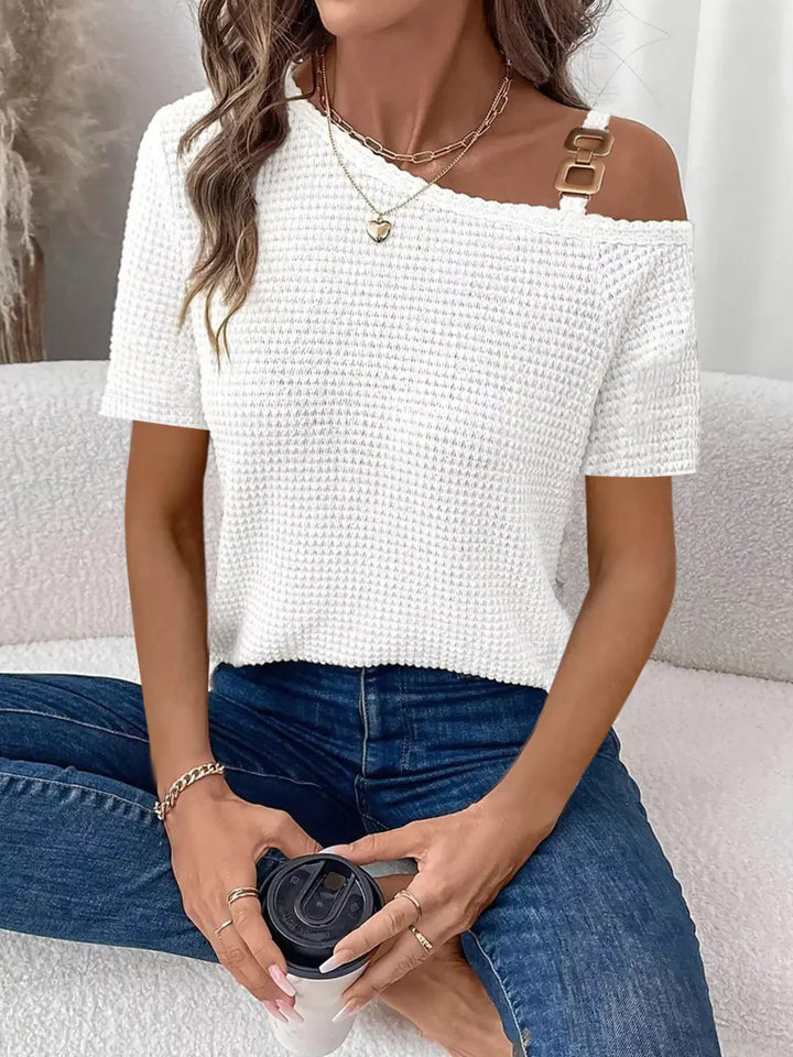 One-shoulder waffle knit top with chain-link strap detail