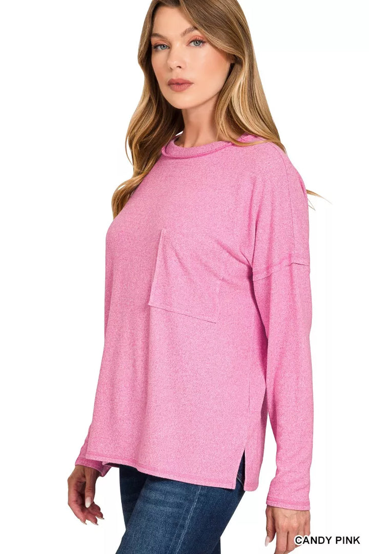 Oversized melange knit long sleeve top with chest pocket