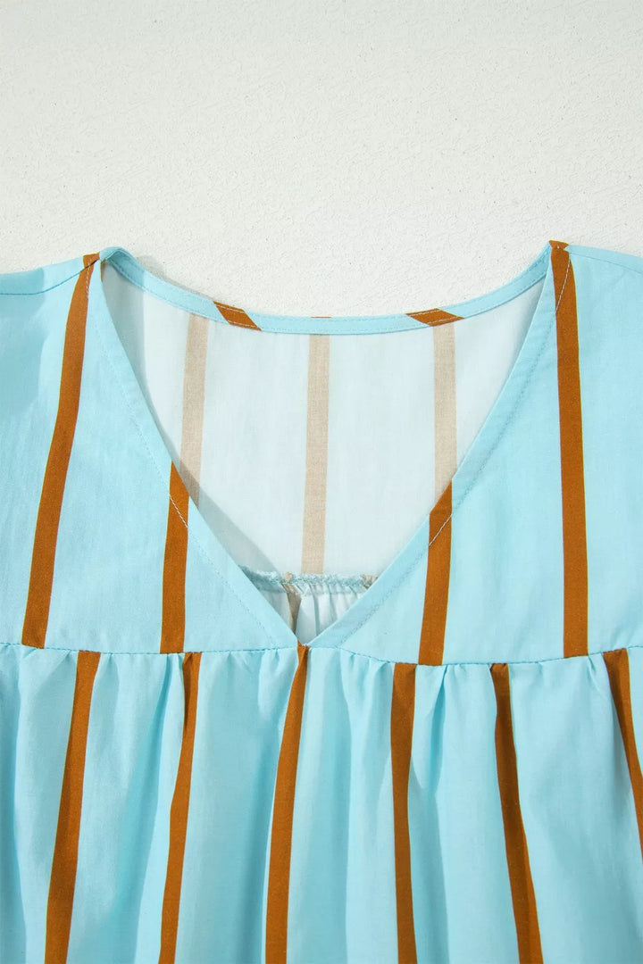 Striped ricrac-trim double-ruffle v-neck blouse