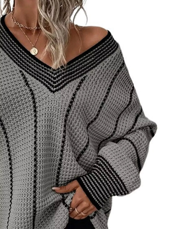 Waffle knit V-neck sweater with contrast stripe trim