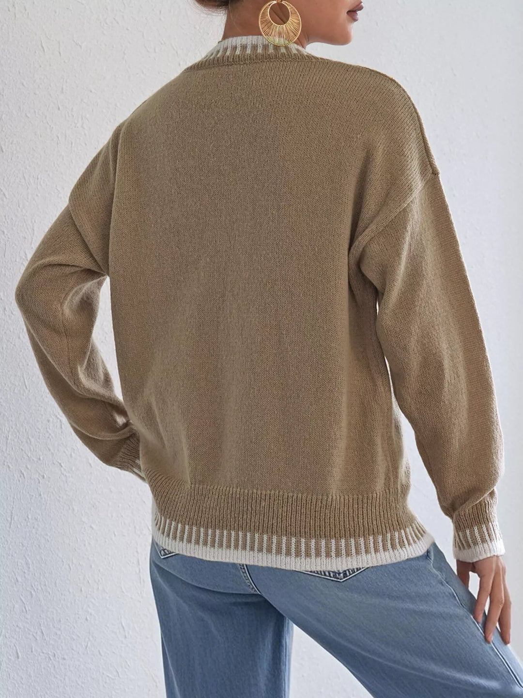 Contrast whipstitch trim drop shoulder crew neck sweater