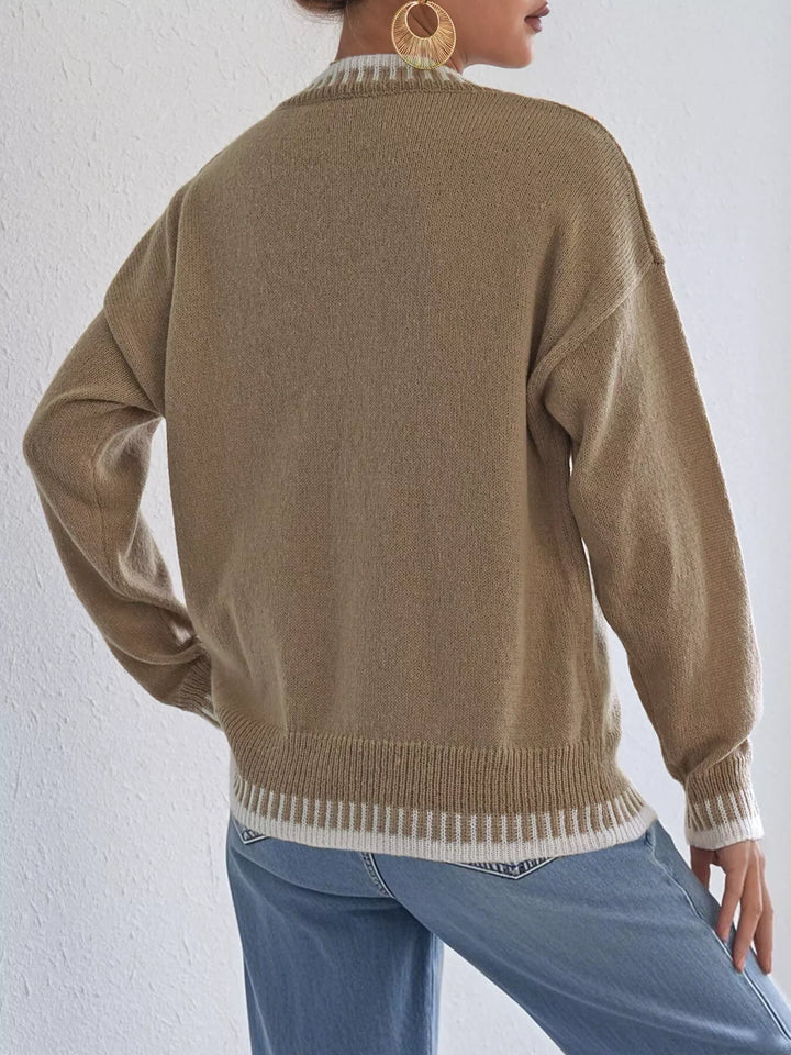Contrast whipstitch trim drop shoulder crew neck sweater