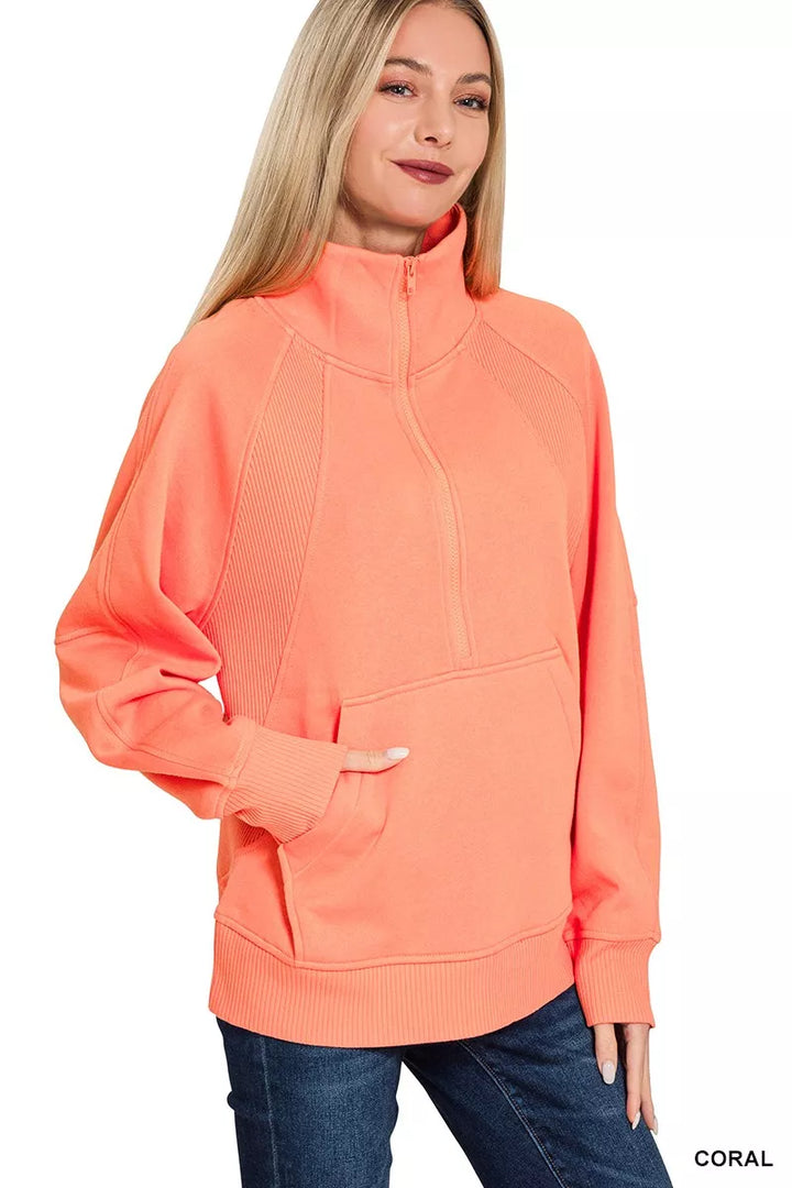 Half-zip fleece pullover with kangaroo pocket and ribbed trim