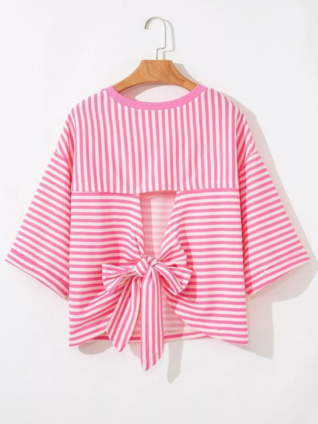 Striped oversized tee with back bow tie and keyhole cutout