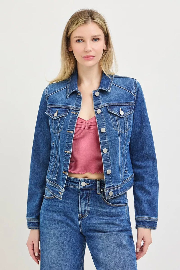 Fitted button-front denim jacket with chest pockets