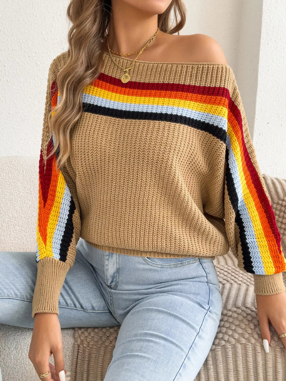 Rainbow stripe ribbed knit boat neck sweater