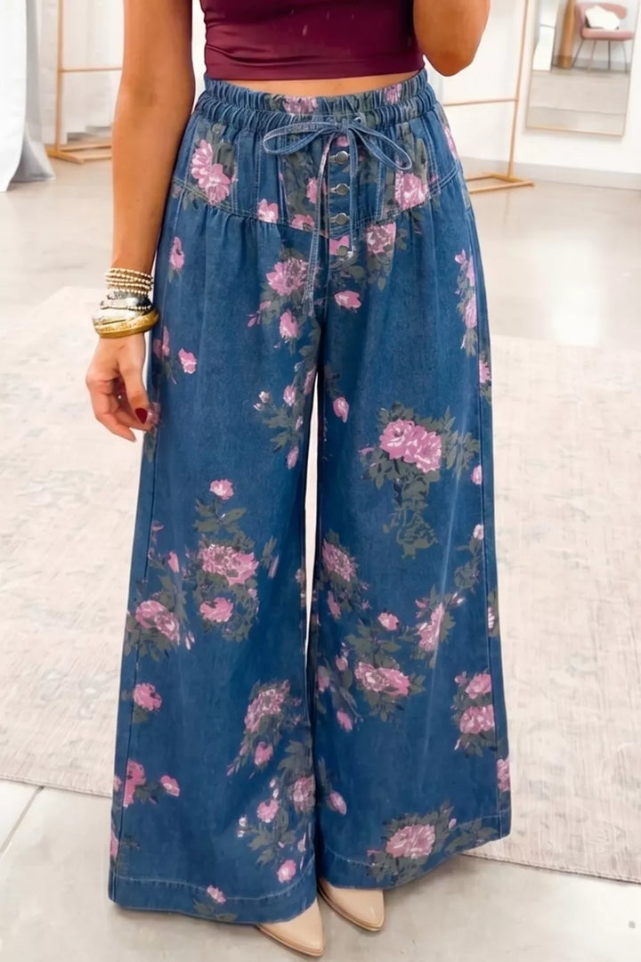 Medium Floral print wide-leg drawstring jeans with button placket