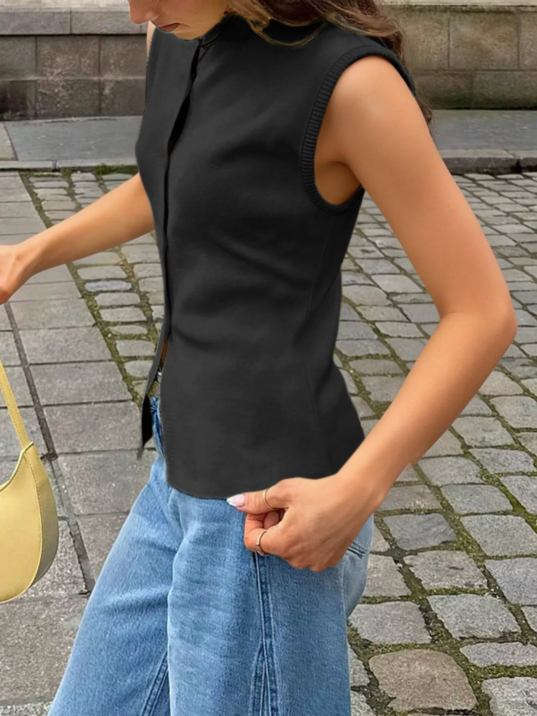 Sleeveless ribbed knit button-front vest with crew neck
