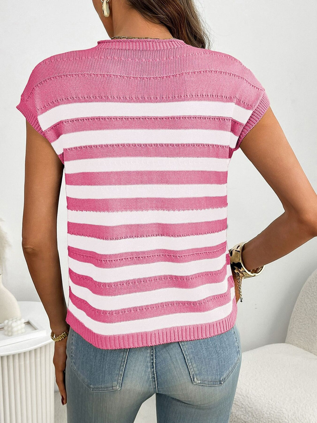 Striped knit cap sleeve top with patch pocket