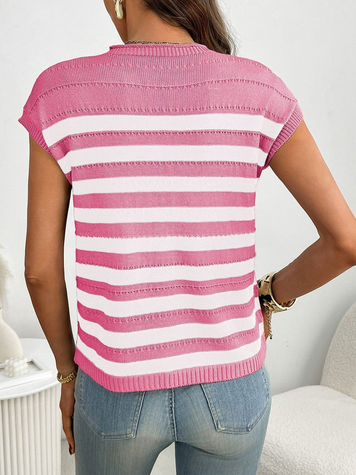Striped knit cap sleeve top with patch pocket