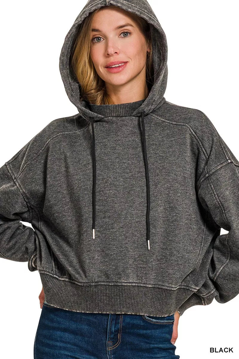 BLACK Acid wash cropped fleece hoodie with ribbed hem
