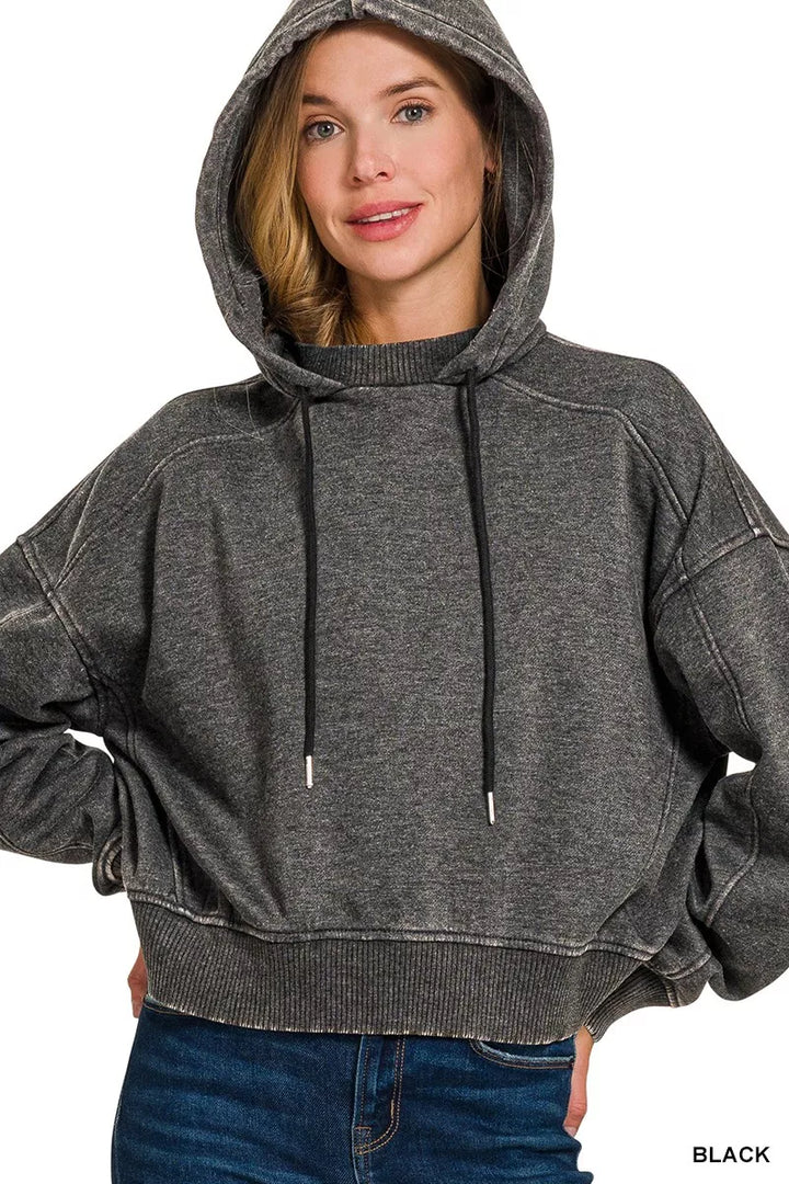 BLACK Acid wash cropped fleece hoodie with ribbed hem