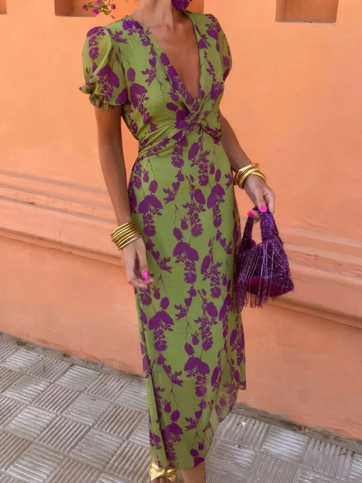 Moss Floral print plunge midi dress with twist front and puff sleeves