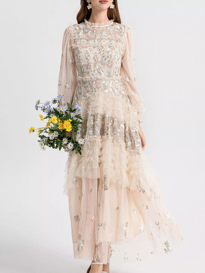 Apricot Floral embroidered tulle tiered maxi dress with puff sleeves