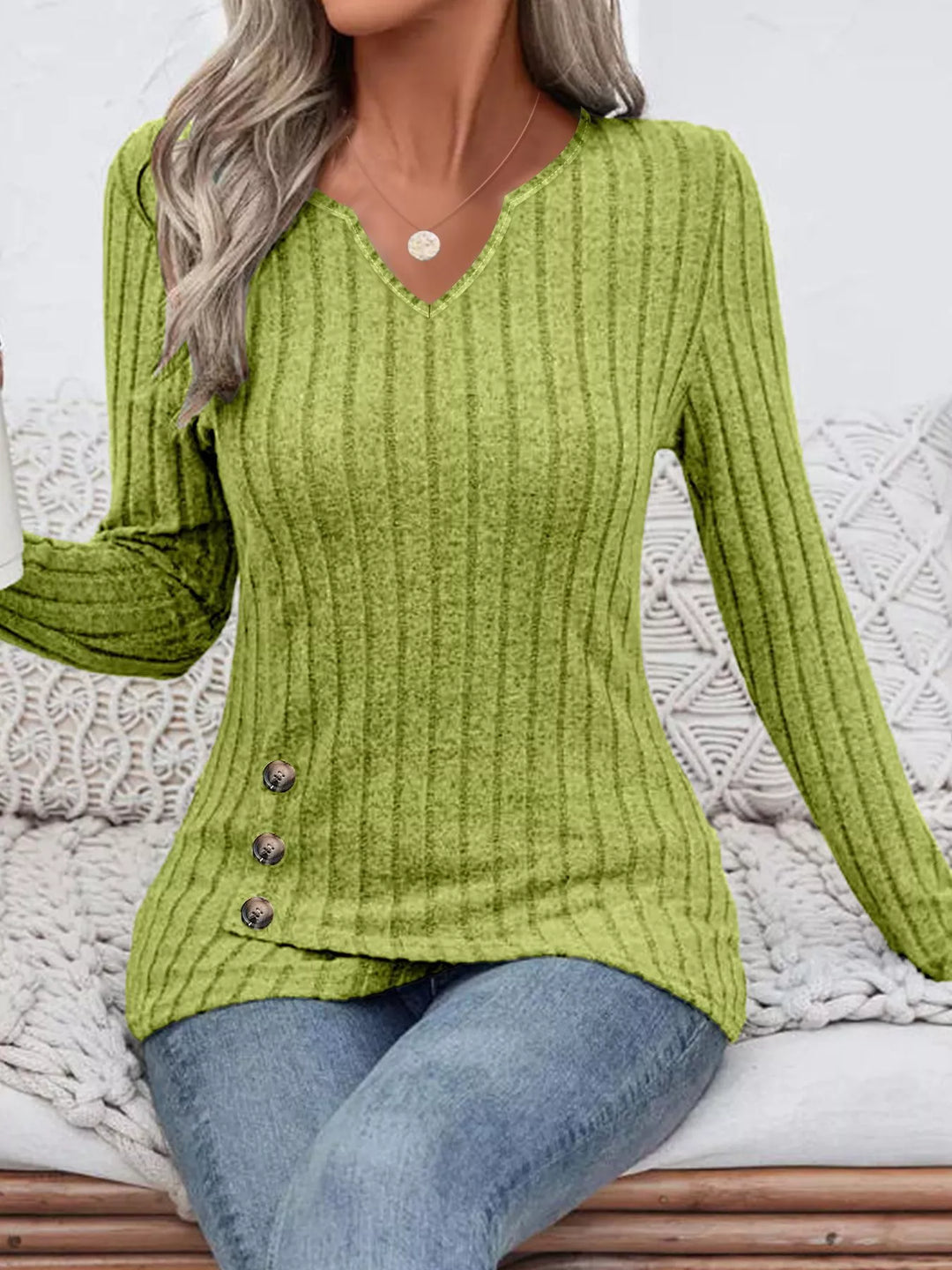 Ribbed knit notched-neck long sleeve top with side buttons