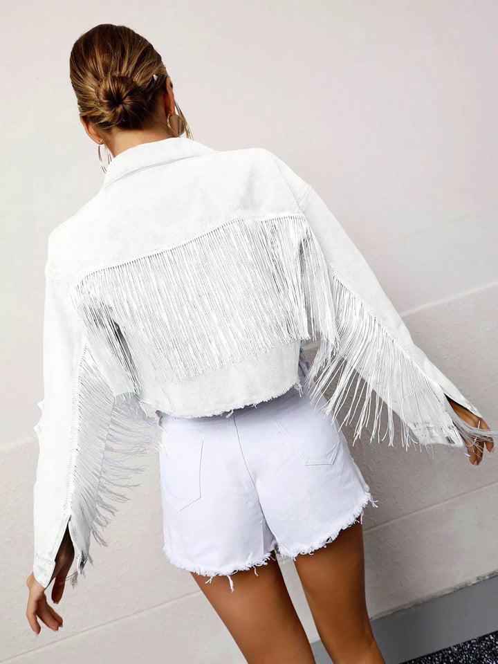 Fringed distressed cropped denim jacket