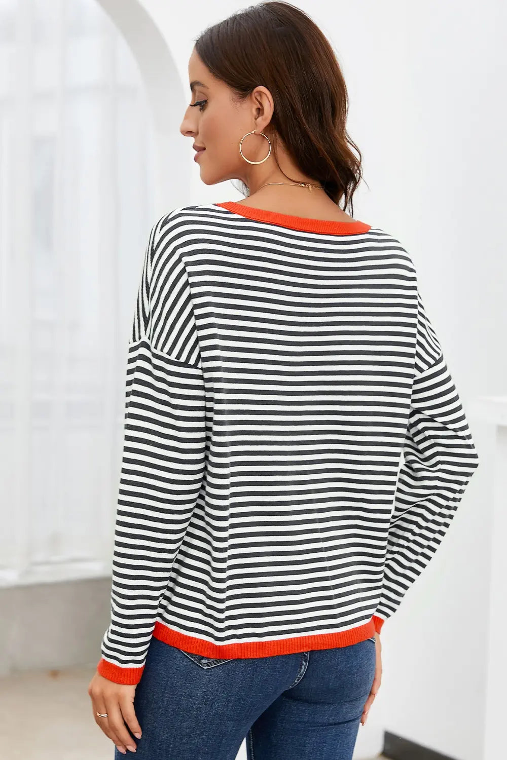 Contrast-trim striped drop-shoulder long sleeve knit top