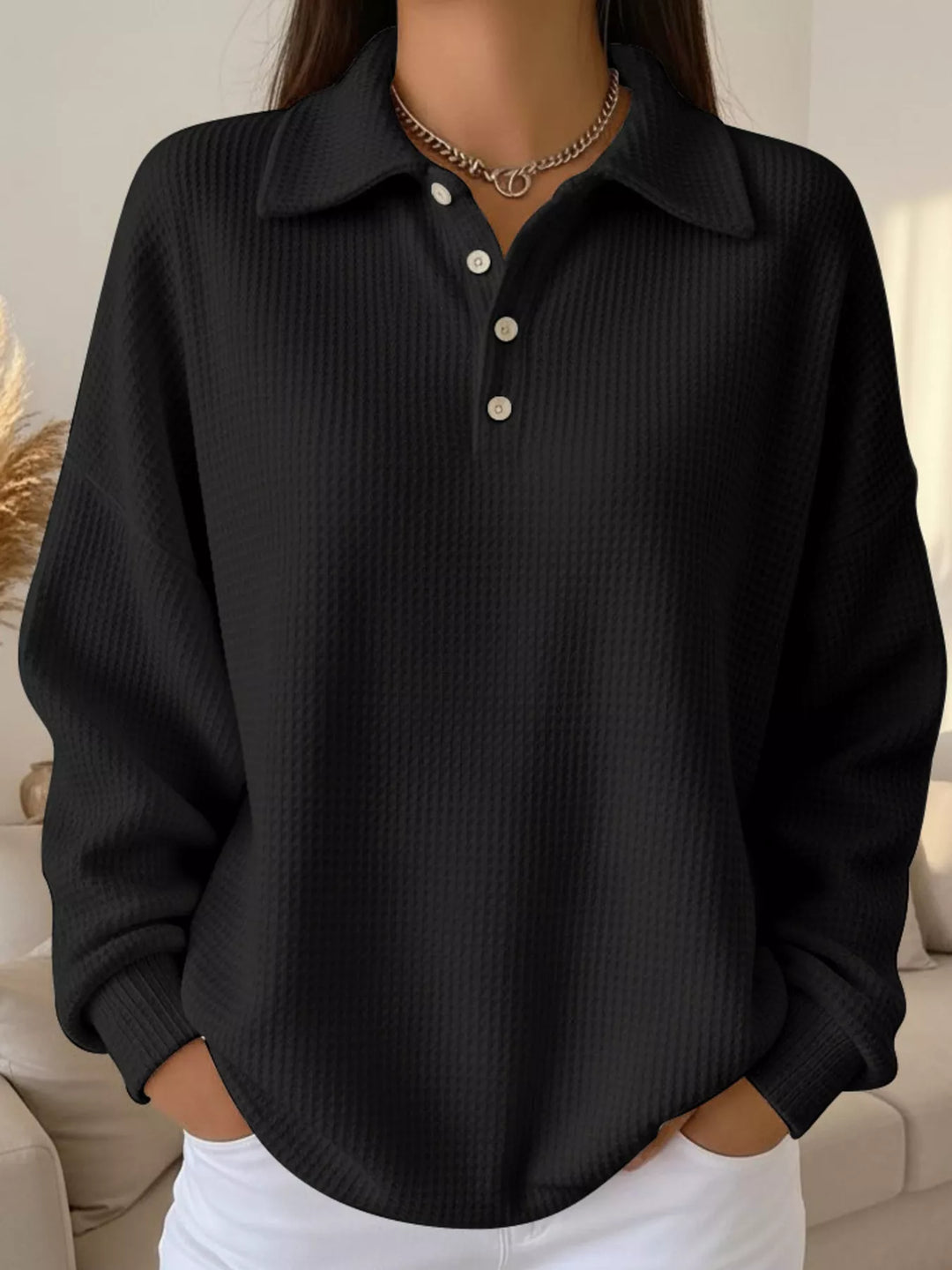 Black Waffle knit collared pullover with button placket