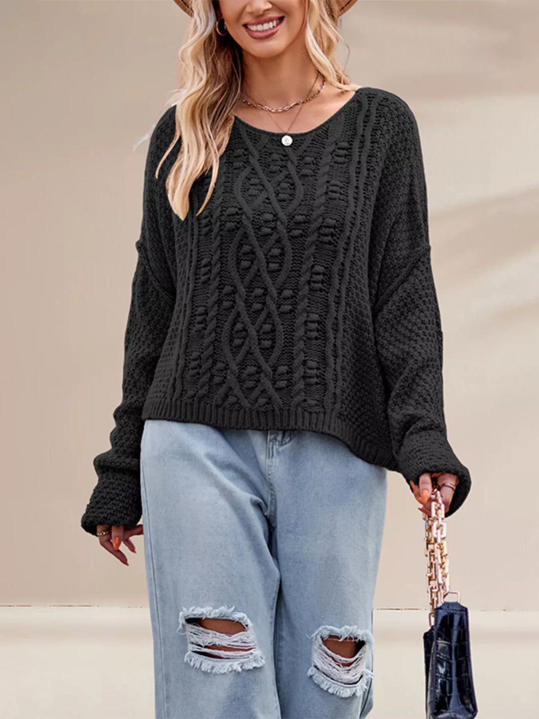 Black Cable knit drop shoulder sweater with boat neck