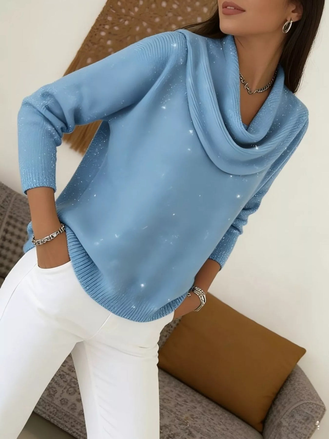 Metallic ribbed knit cowl neck sweater with curved hem