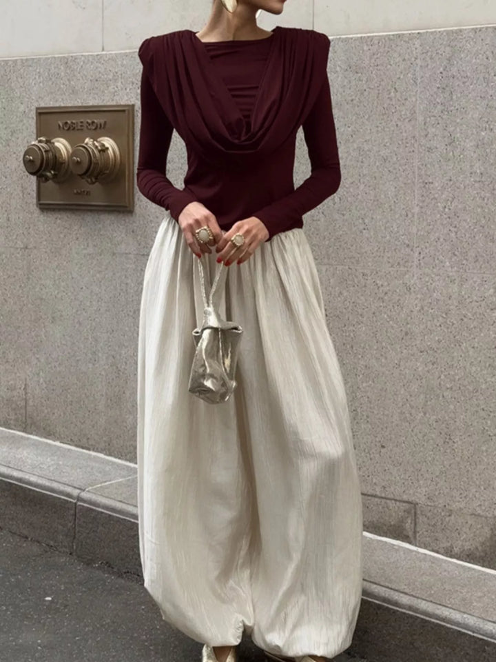 Draped cowl neck long sleeve top with ruched sides