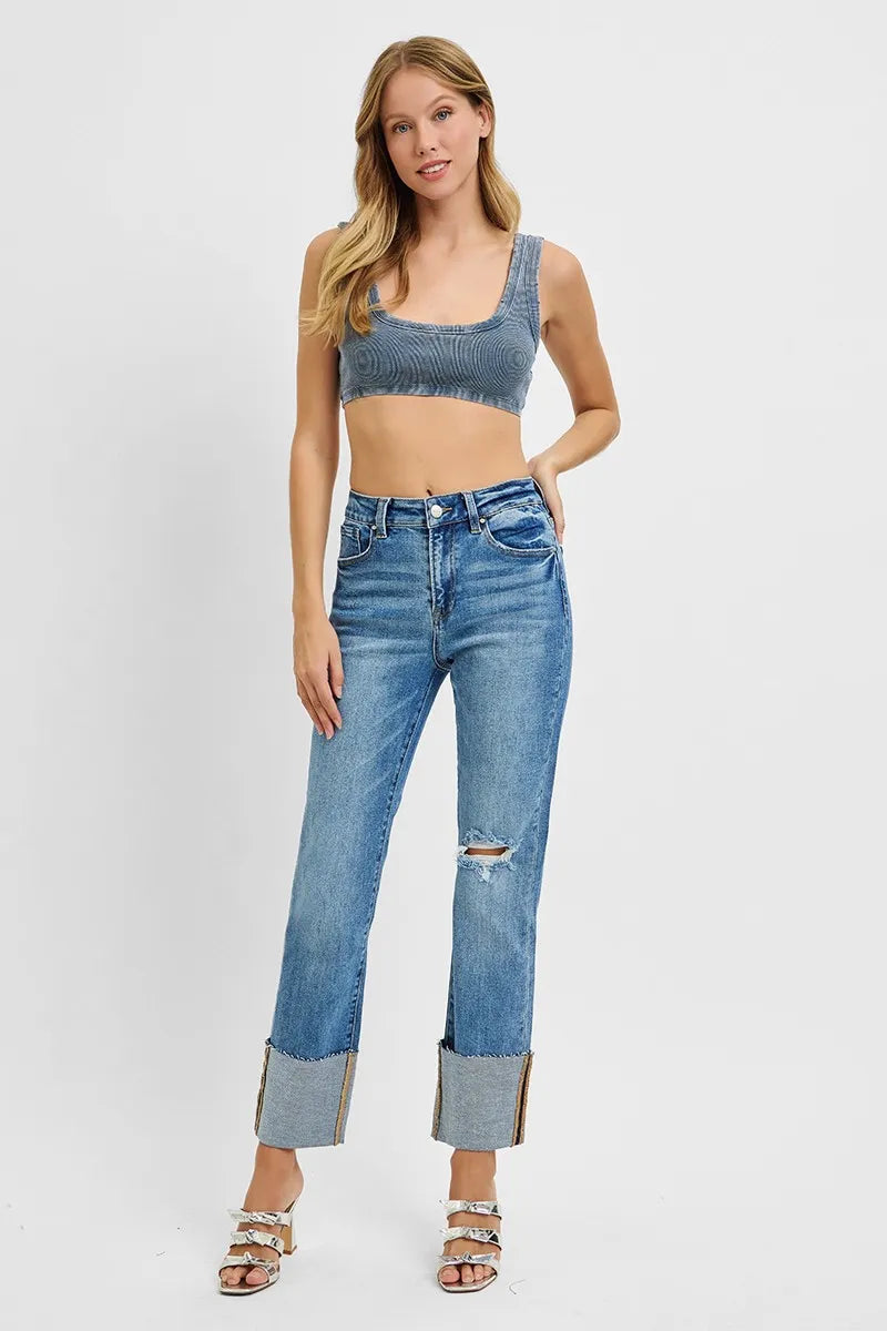 Distressed high-rise straight-leg jeans with wide cuff