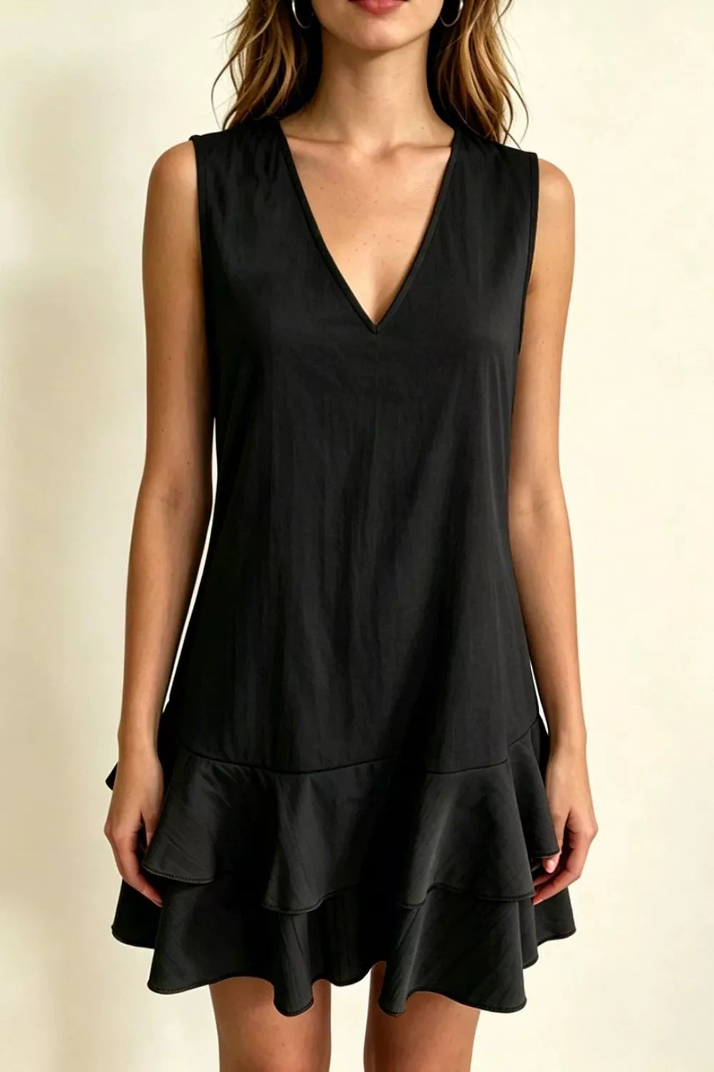 Black Full Size Sleeveless V-Neck Ruffle Hem Mini Dress Plus Size