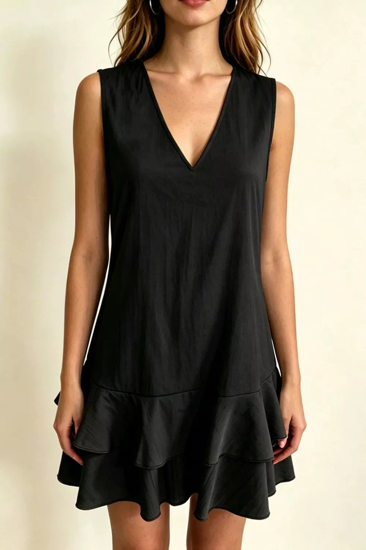 Black Full Size Sleeveless V-Neck Ruffle Hem Mini Dress Plus Size