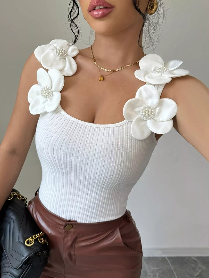 Ribbed knit tank top with 3D floral appliqué straps
