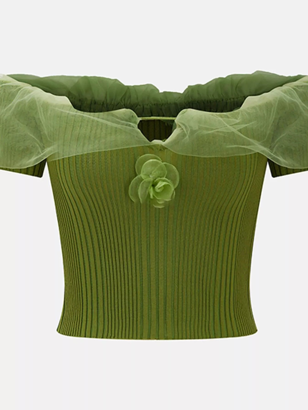 Green Ribbed off-shoulder crop top with ruffle trim and 3D floral detail