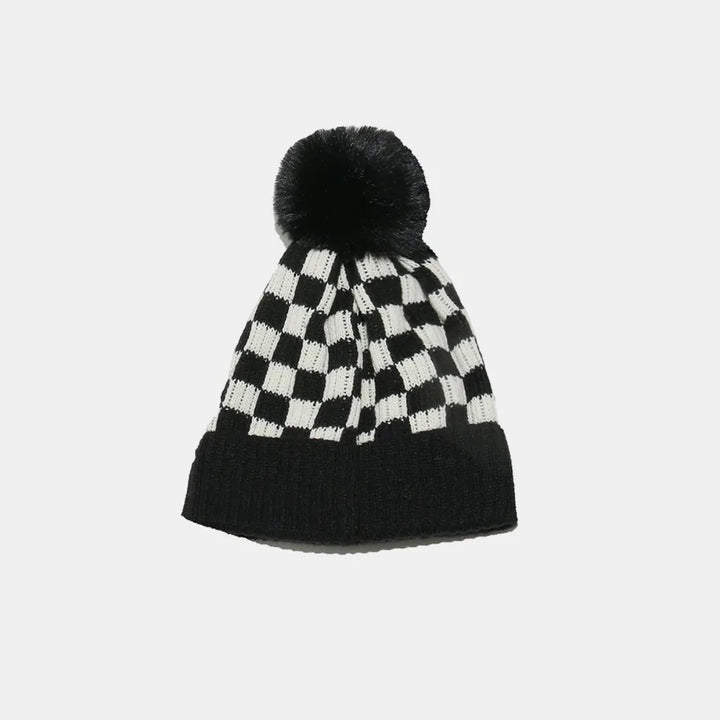 Checkerboard knit beanie with faux fur pompom