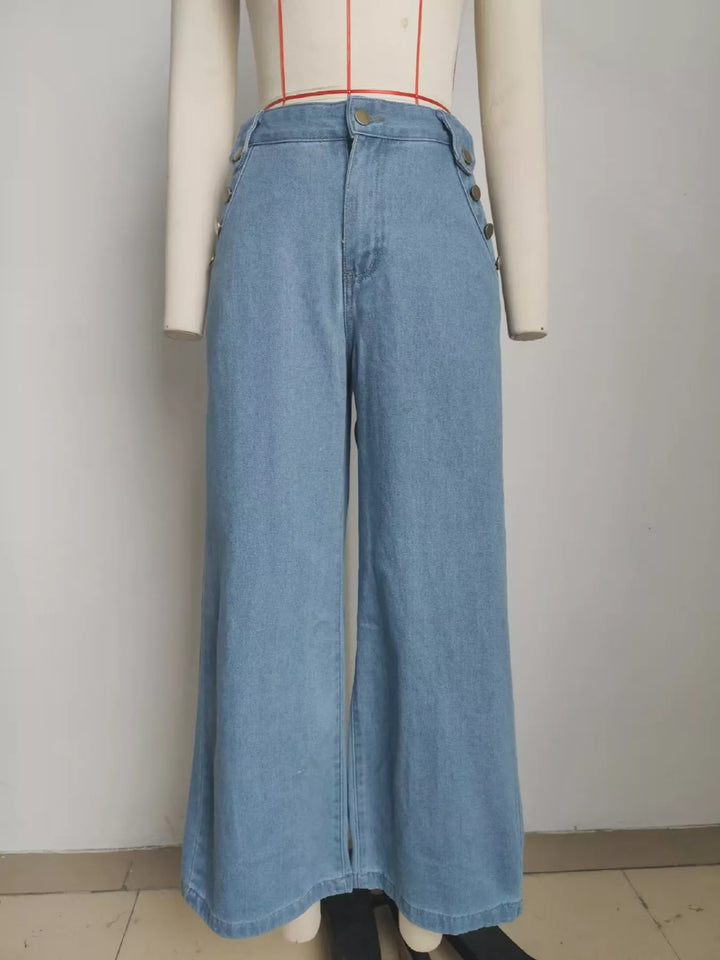 Sleeveless button-front denim vest and wide-leg pants set