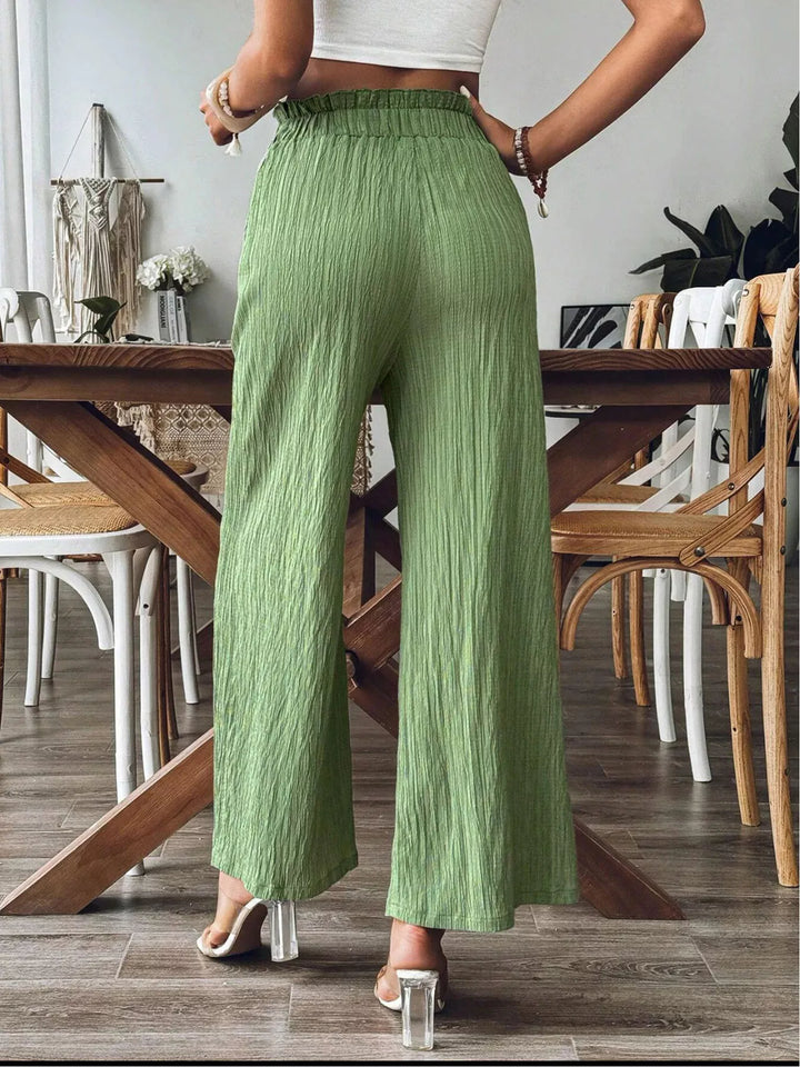 Crinkle ruched high-waist wide leg pants with pockets