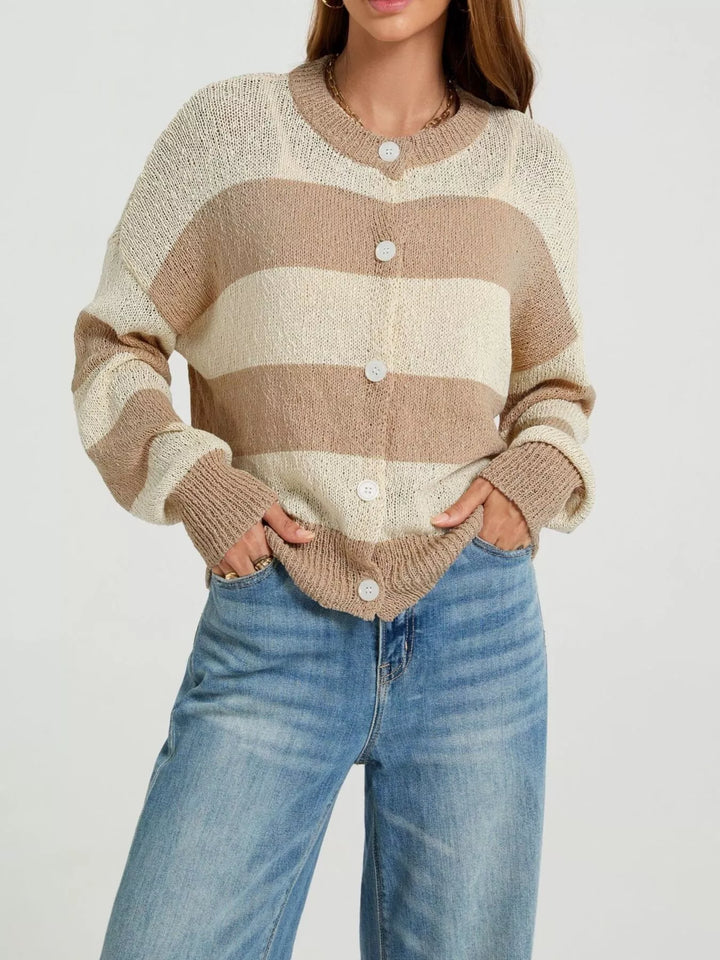 Wide stripe button-down knit cardigan with ribbed trim